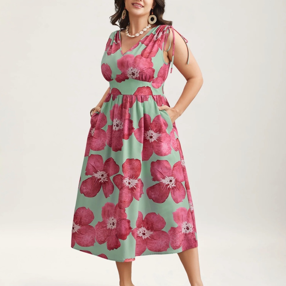 Floral Print V-Neck Summer Midi Length Dress Size 12